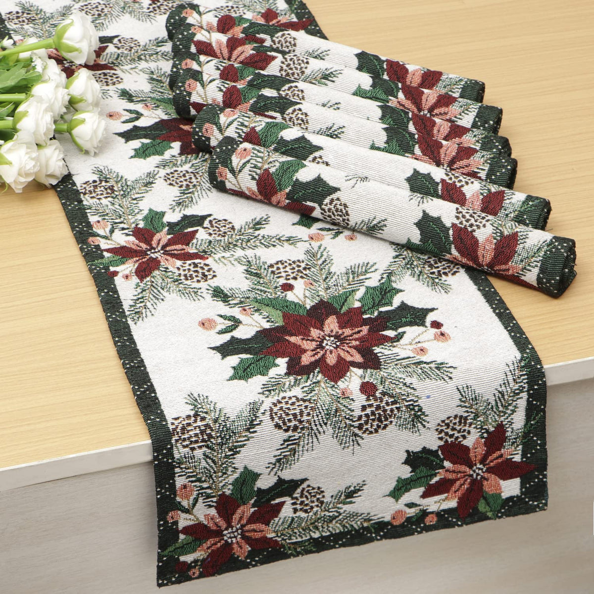 Cotton Jacquard Dining Table Mats, White Floral