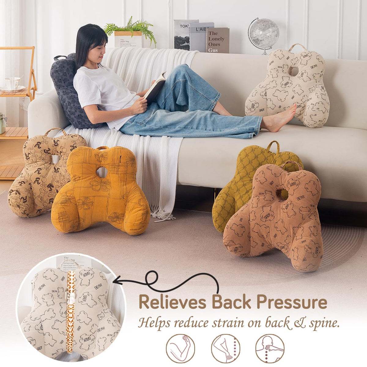 HOKIPO Teddy Lumbar Back Support Cushion for Chair, Sofa & Office, Cream