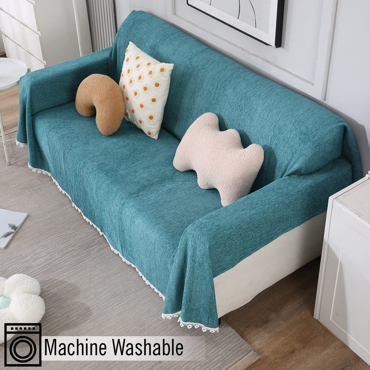 Blue colour chenille Three seater sofa throw of size 180(D)x300(L)
