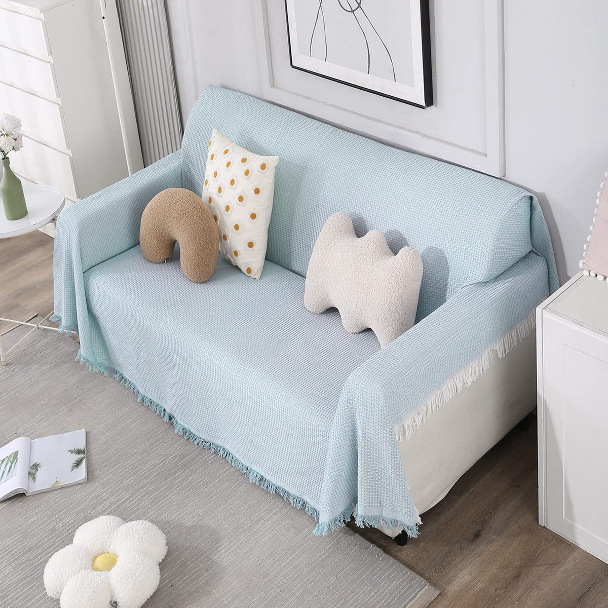 Elegant Blue colour cotton throw for sofa 
