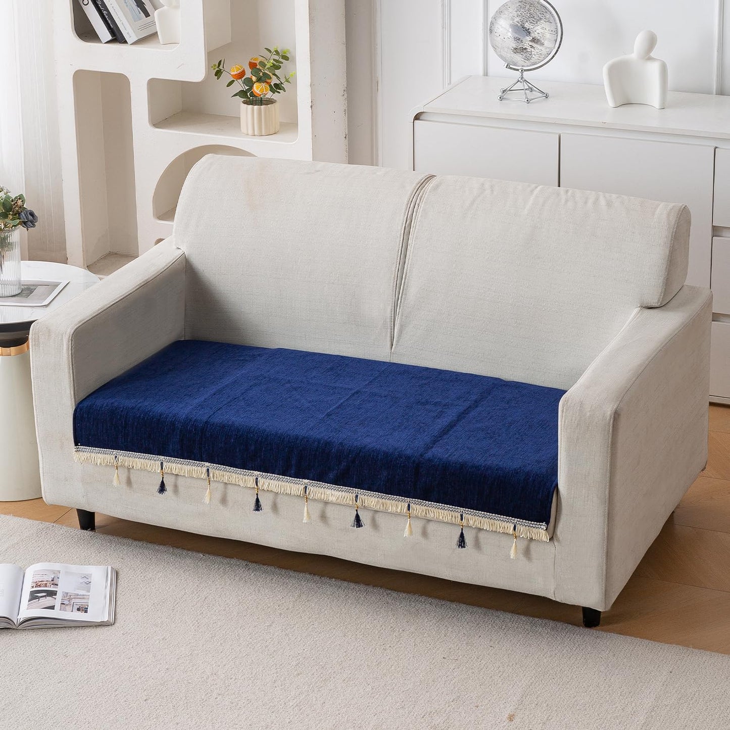 Serenity Tassel Chenille Sofa Cover with Tassel – Sapphire Navy