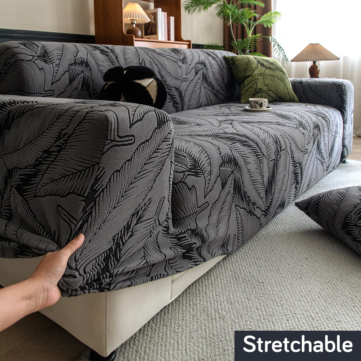 Buy Elastic Stretchable shadow grey colour dual tone series knitting jacquard sofa cover | HOKIPO