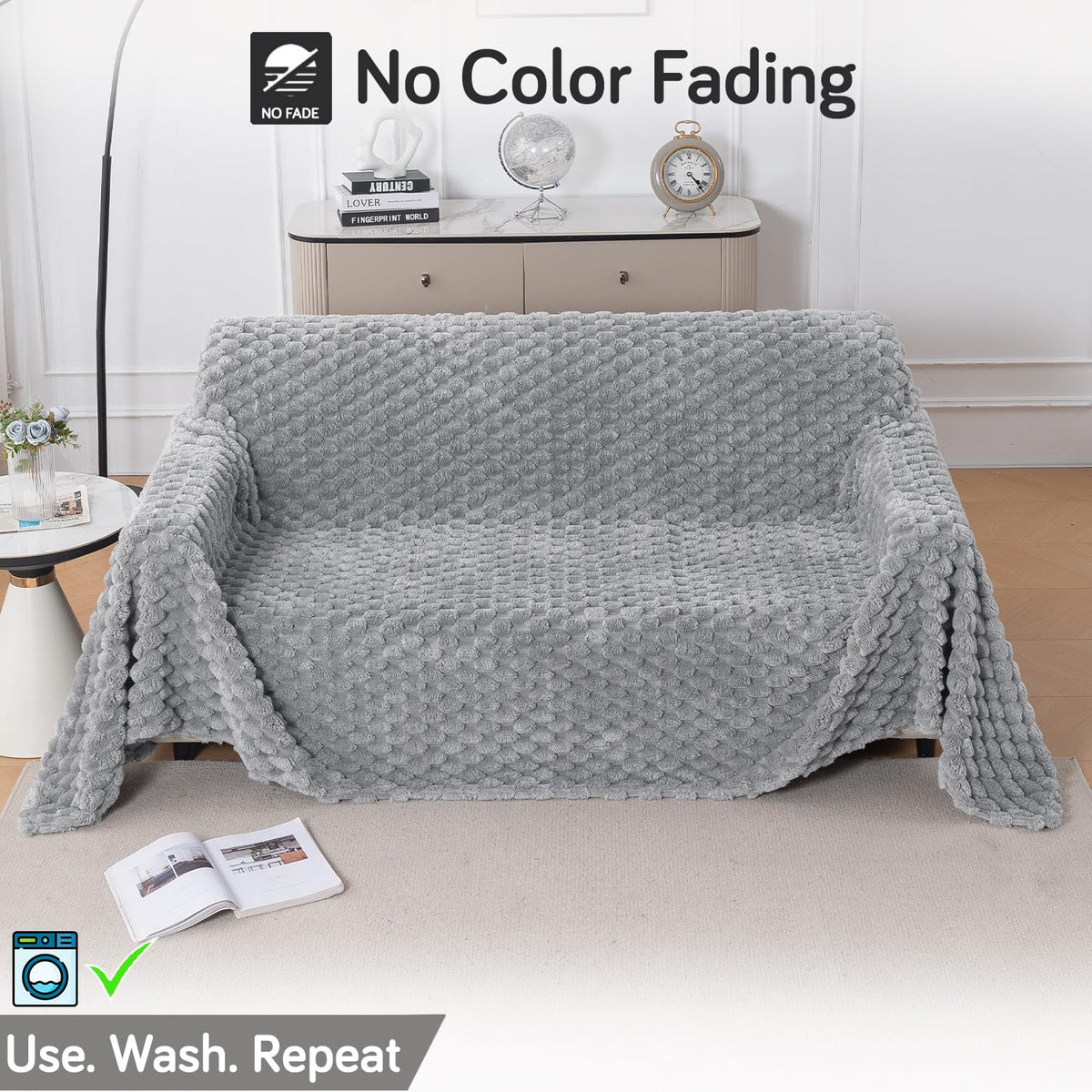Luxury Rabbit Wool Plush Sofa Throw, Moon Grey