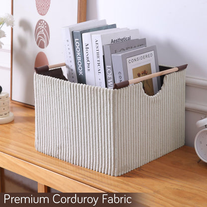 Premium Foldable Storage Bin with Wooden Handles | Corduroy Fabric Organizer Box for Wardrobe, Books, Clothes & Misc Items, Camel