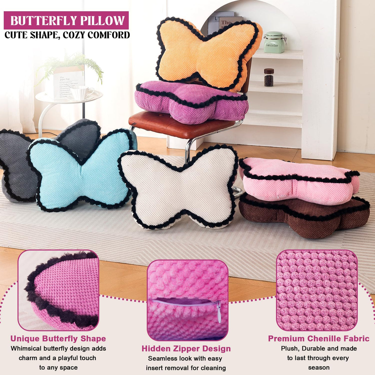 HOKIPO Butterfly Shaped Cushion for Kids Room & Sofa, 53x33 cm, Orange
