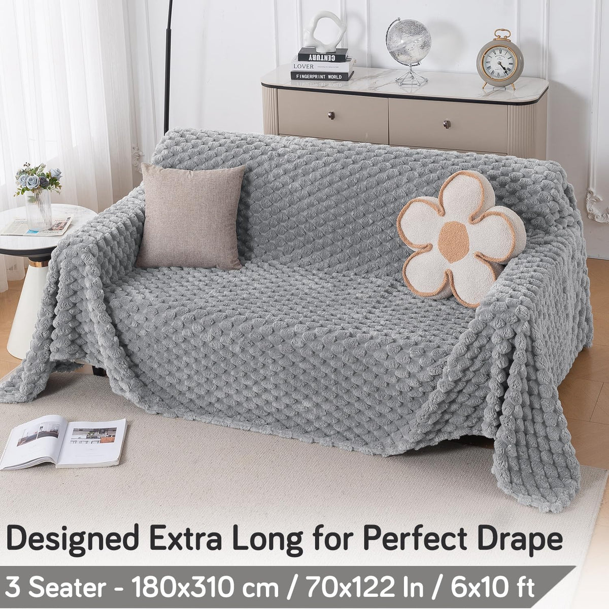 Luxury Rabbit Wool Plush Sofa Throw, Moon Grey