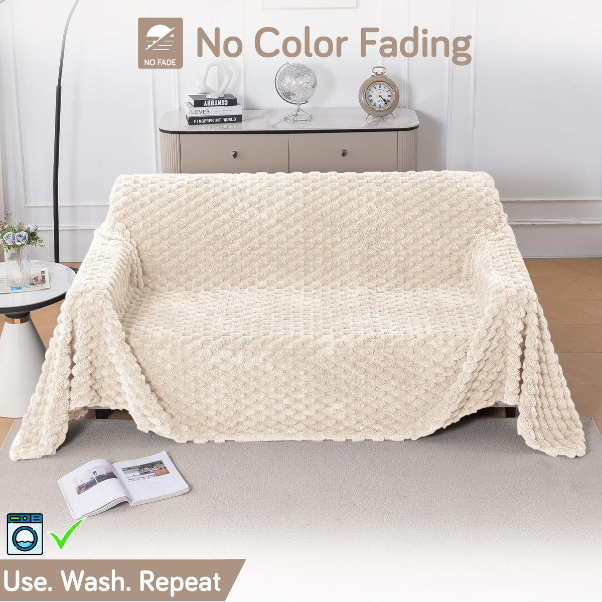 Luxury Rabbit Wool Plush Sofa Throw, Cream