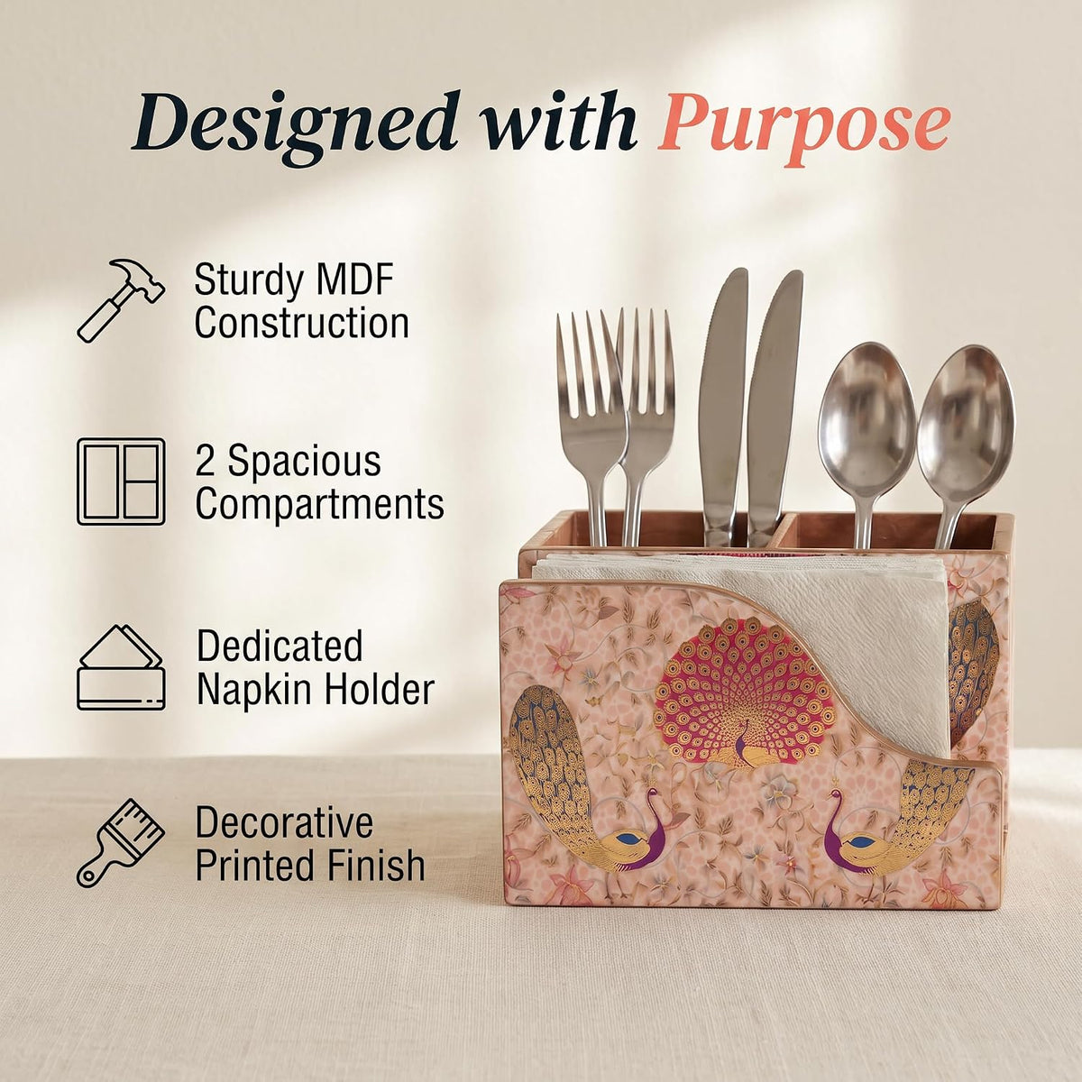 HOKIPO Cutlery Holder with Napkin Stand, Engineered Wood, Gulabi Mayurvan - image 2