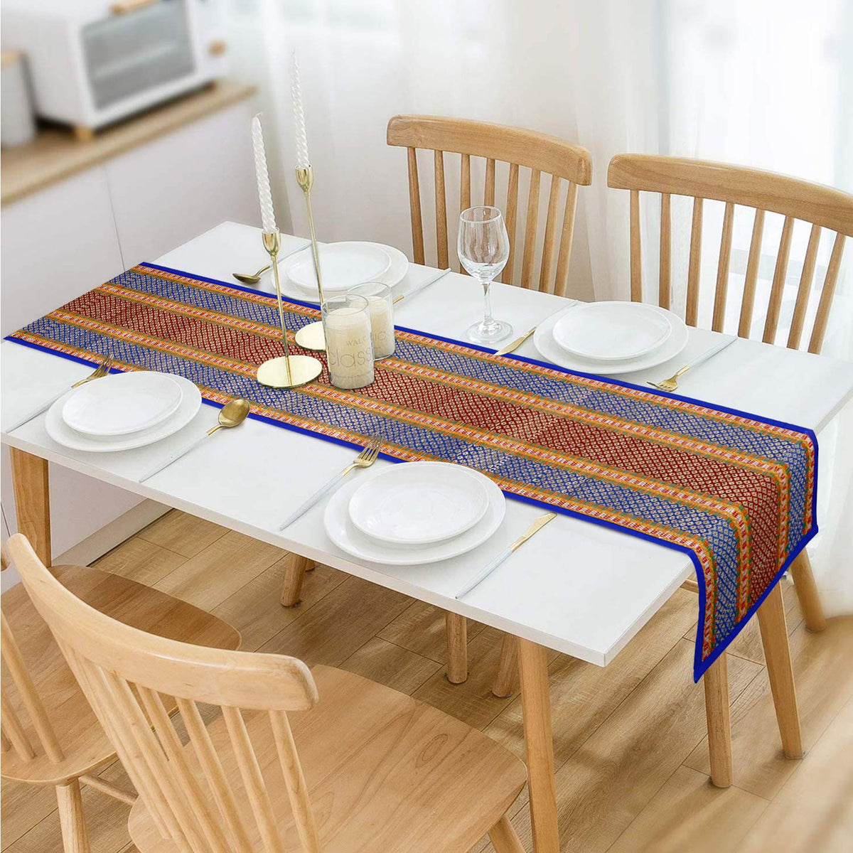 Buy Blue Colour natural handmade Madurkathi table runner for 4 seater tables | HOKIPO