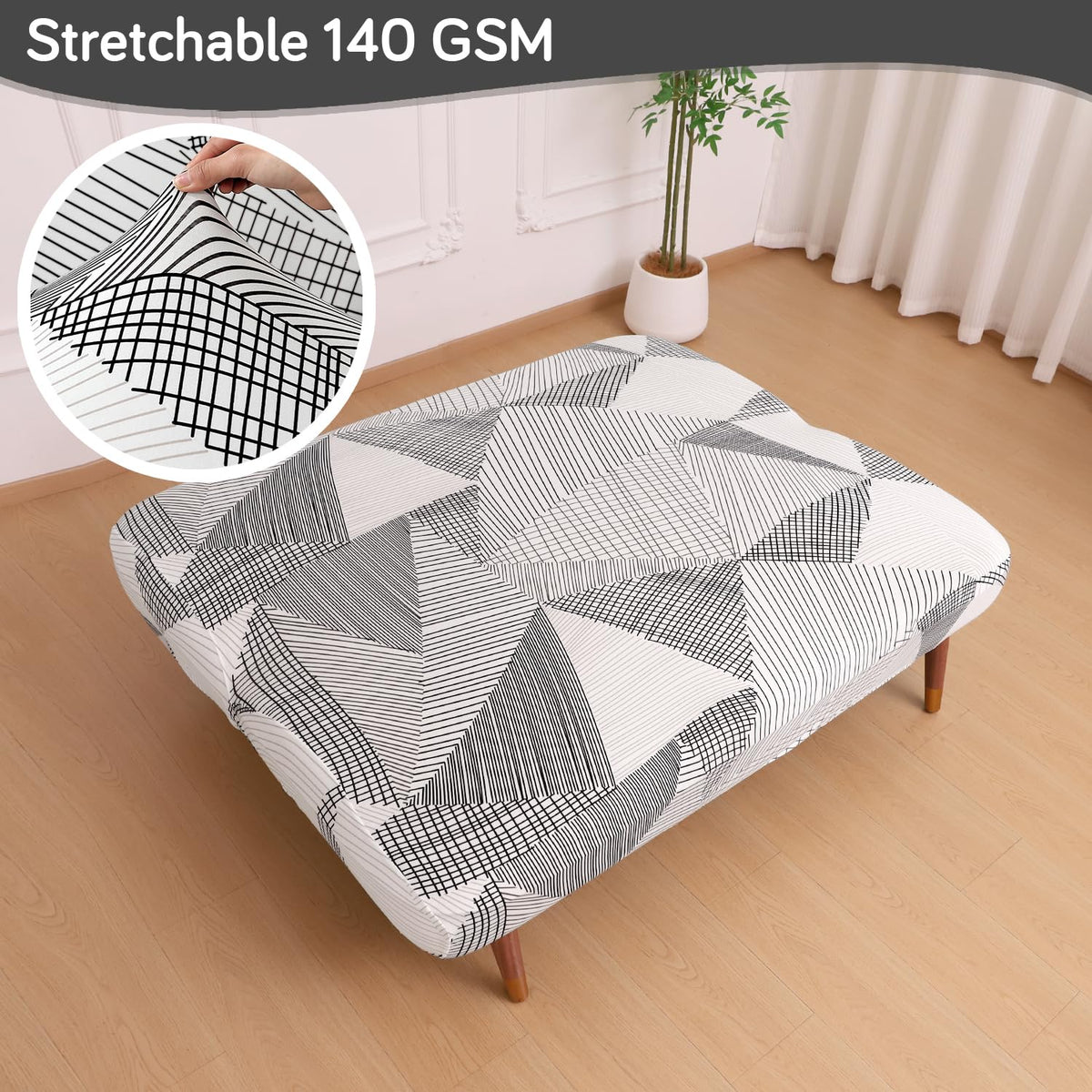 Buy Snow White Black Geometry 140 GSM Stretchable Armless Sofa Cover - HOKIPO