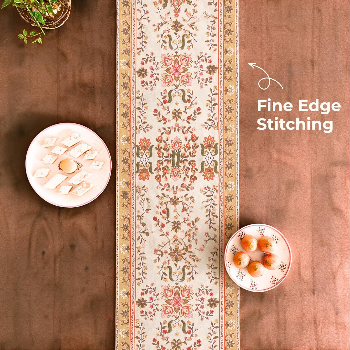 HOKIPO Garden Floral Printed & Embroidered Table Runner, Golden Tan - image 4
