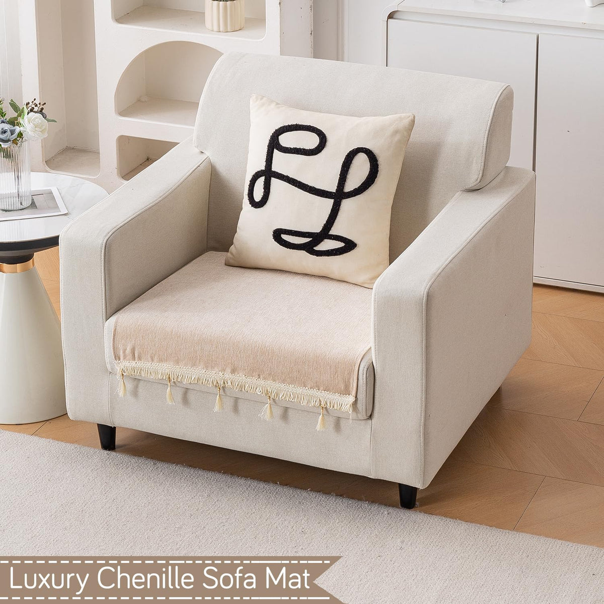 Serenity Tassel Chenille Sofa Cover with Tassel – Ivory Fringe