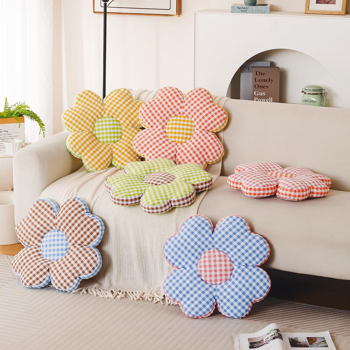 HOKIPO Checkered Daisy Flower Cushion for Sofa & Bed, 49 cm, Green