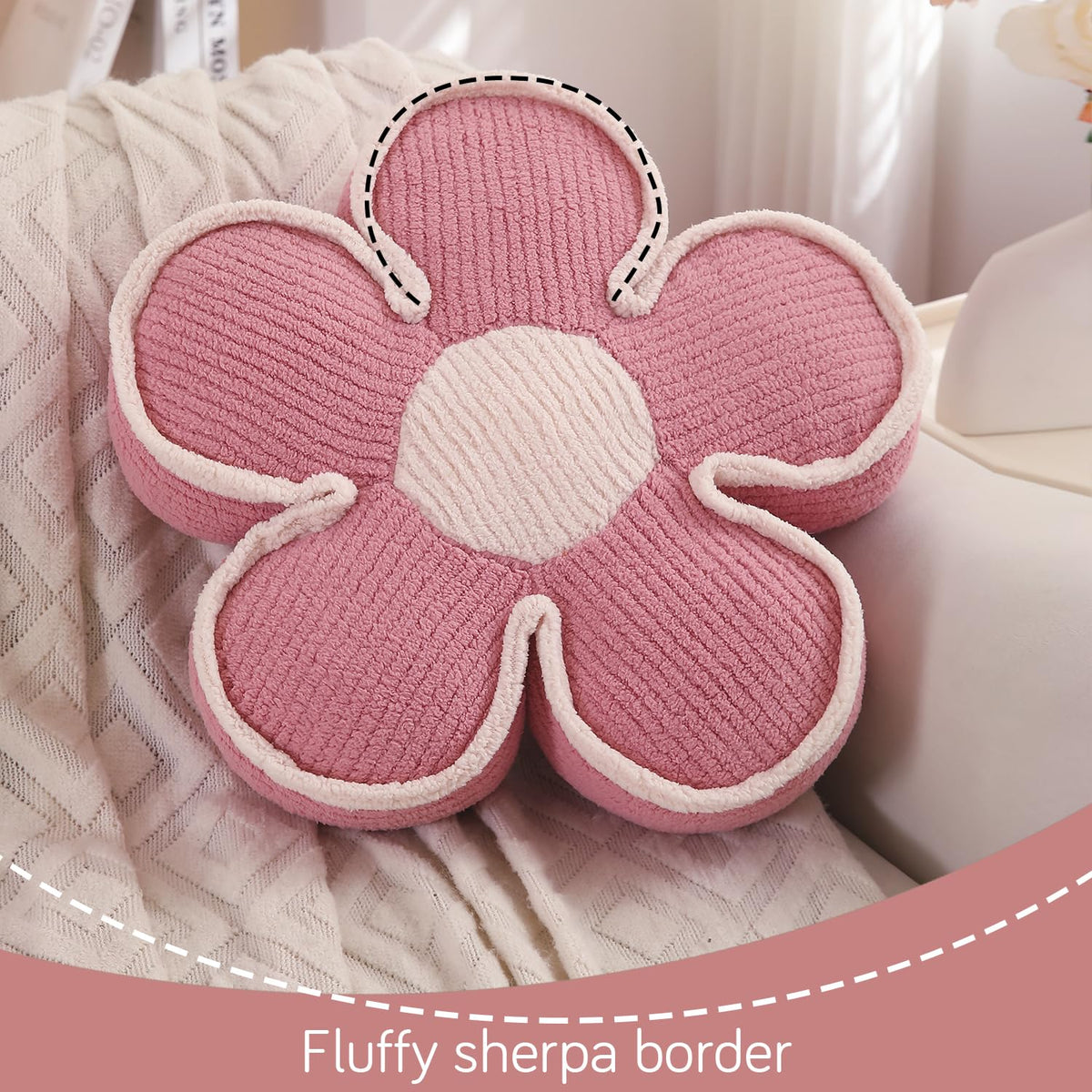 HOKIPO Plush Cotton Flower Cushion | Decorative Throw Pillow for Bed & Sofa - Baby Pink