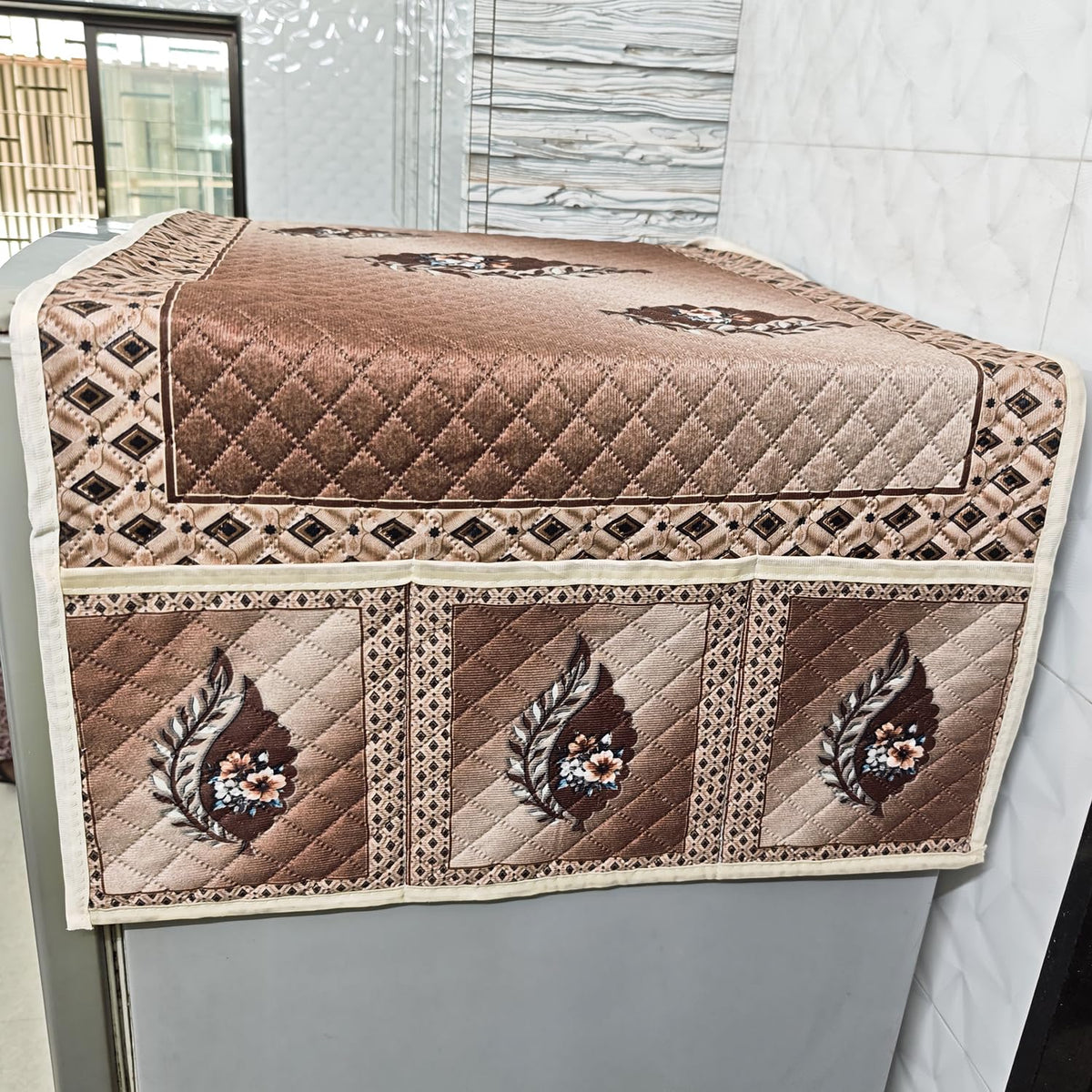 Eternal Floral Printed Quilted Fridge Top Cover with side Pockets - Ember Bloom