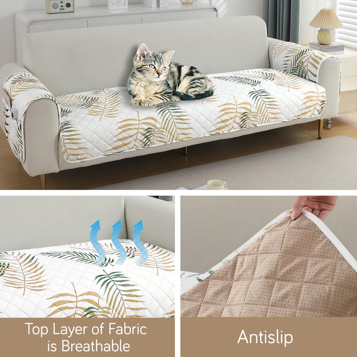 HOKIPO Quilted Waterproof Sofa Seat Mat with 2 Armrest Covers with Pockets, Palm Leaves Forest Green