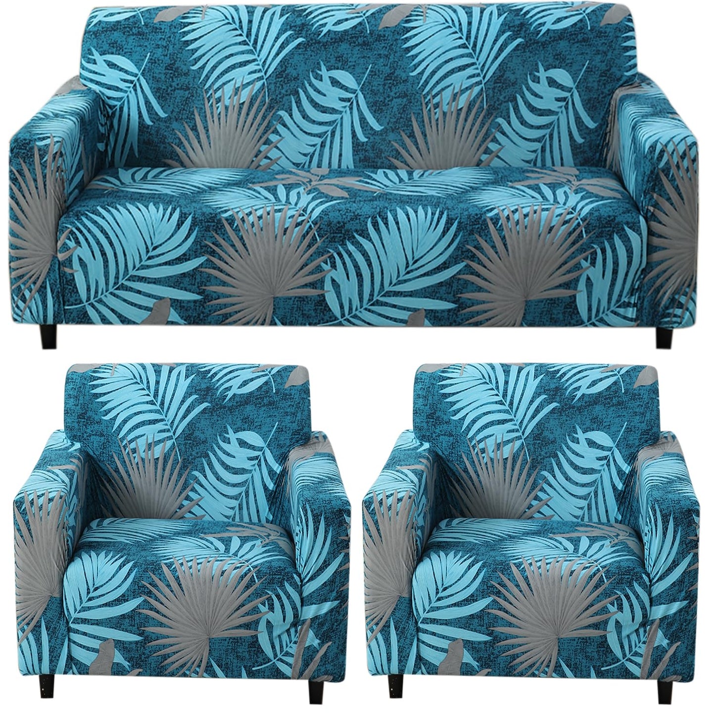 Sea Blue Tropical Leaves Printed Stretchable Sofa Cover