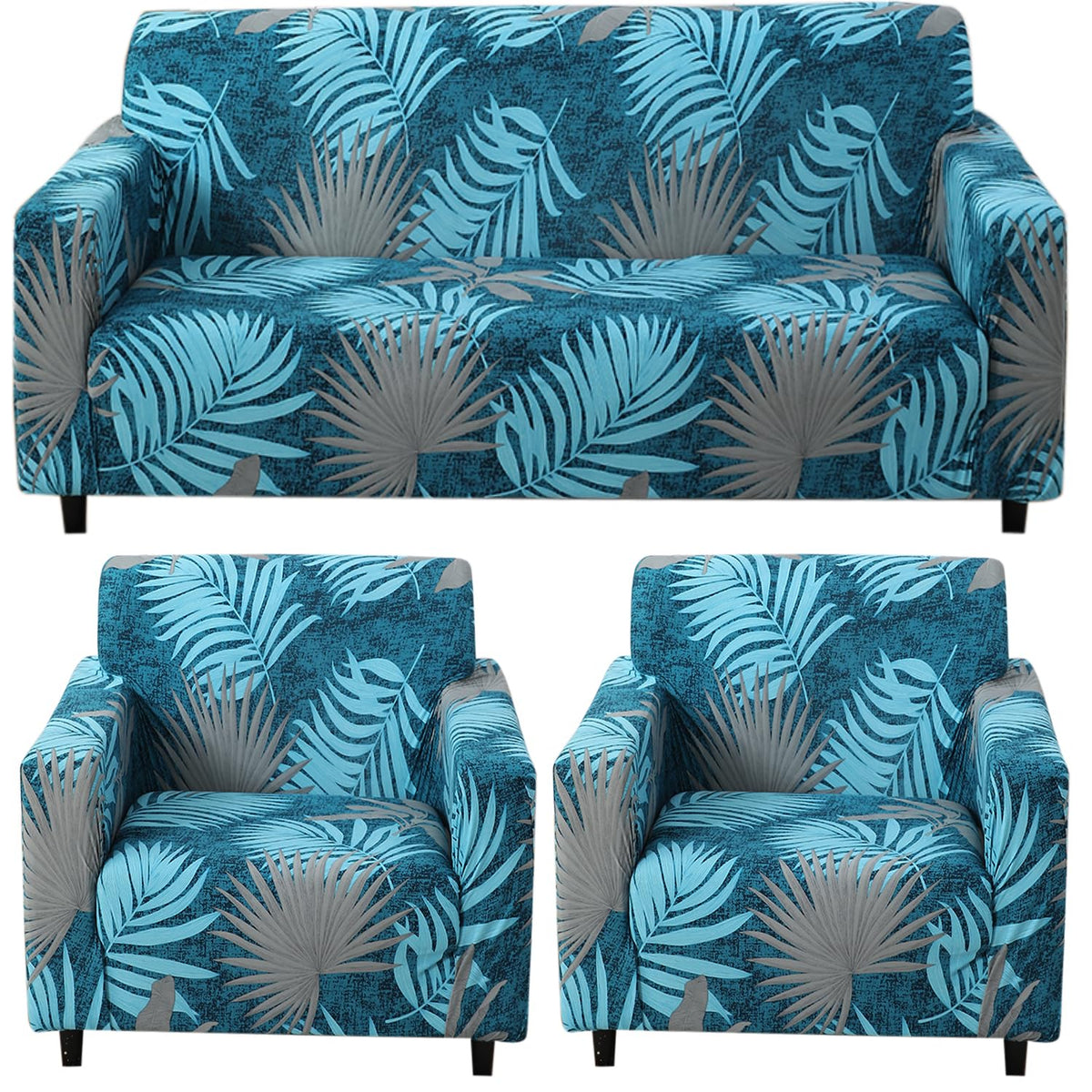 Sea Blue Tropical Leaves Printed Stretchable Sofa Cover