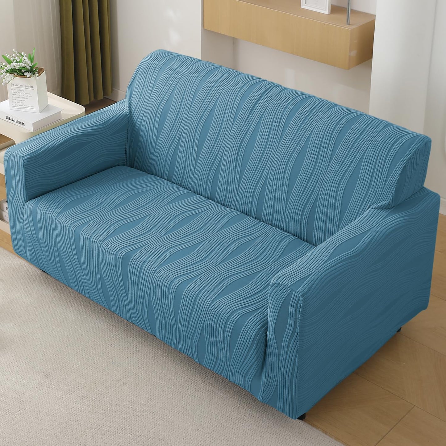 200gsm Knitting Jacquard Sofa Cover 1/2/3/4 Seater Fully Covered, Sea Blue
