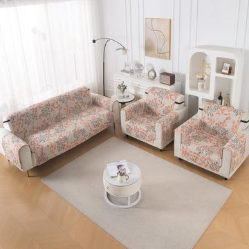 Easy Drape Reversible Quilted 5-Seater Sofa Cover (3+1+1), Peach Leaves
