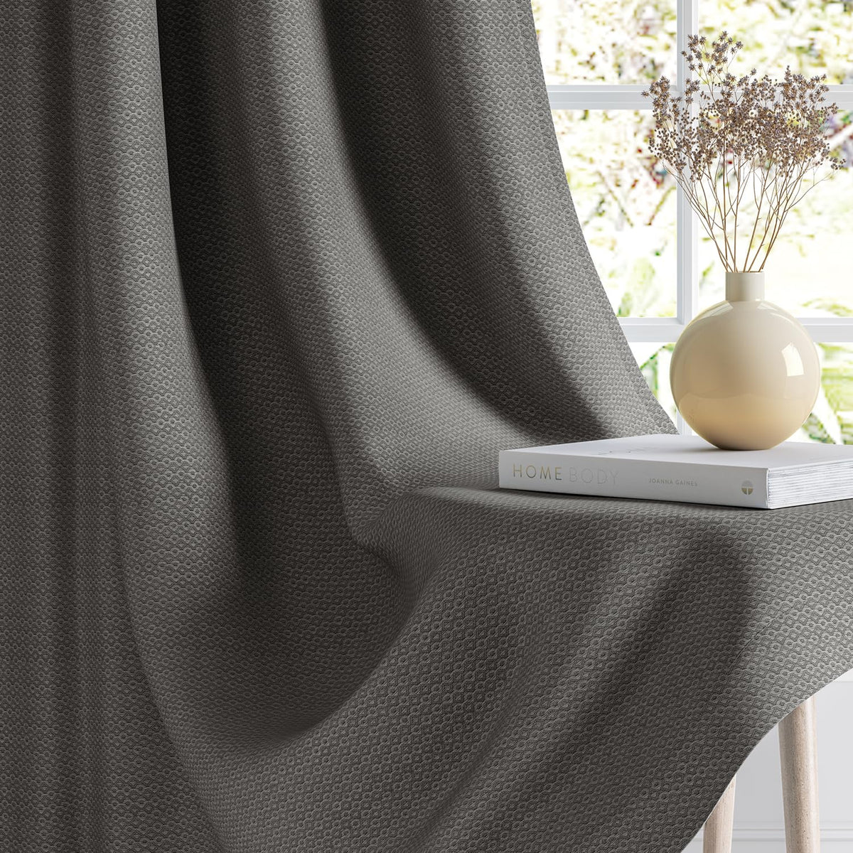 HOKIPO Horizon Dimout Eyelet Curtains, 7 Feet Long - Charcoal Grey