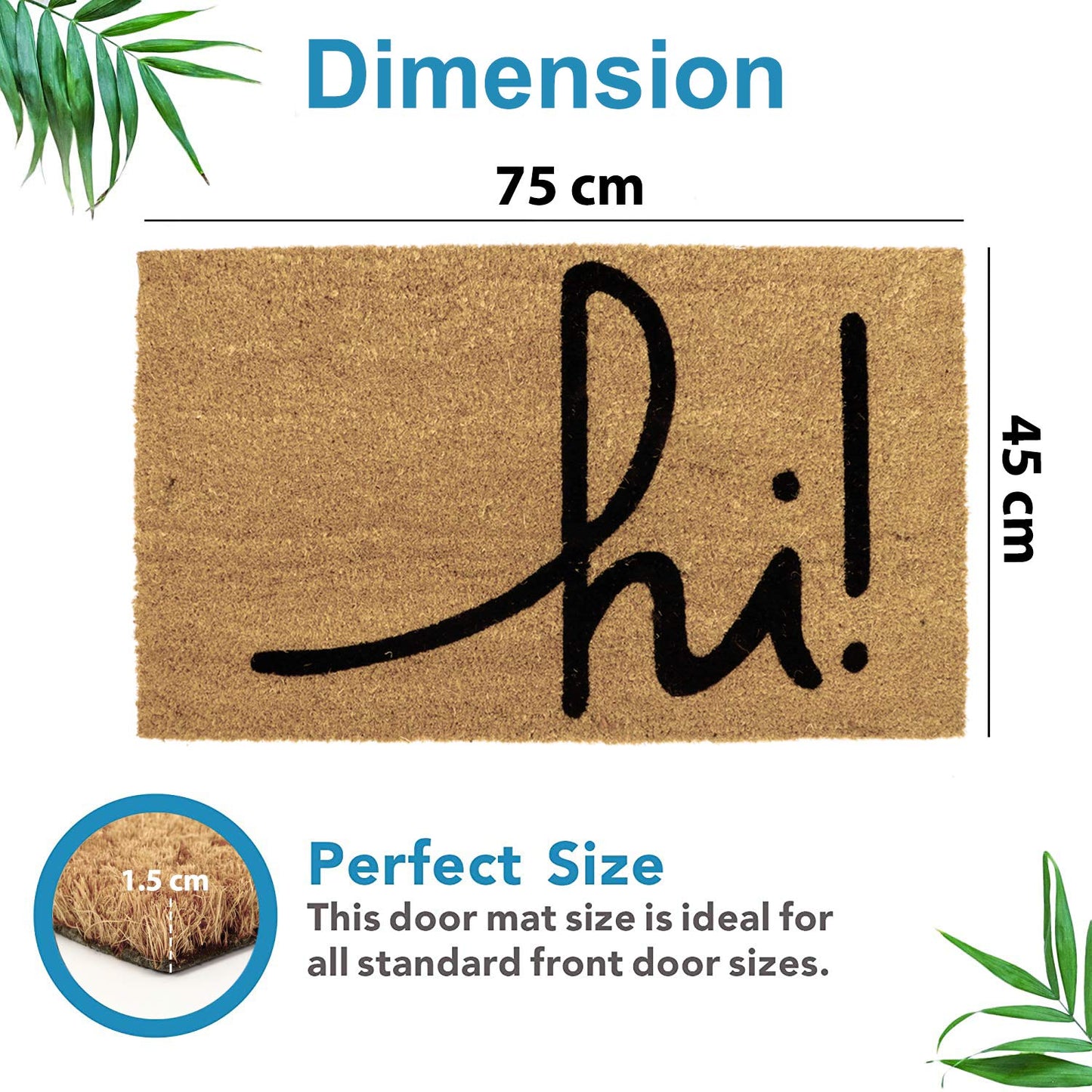 Large 45X75 Cm Natural Coconut Coir Mat For Entrance With Antislip Pvc Backing, Black (Rectangular)