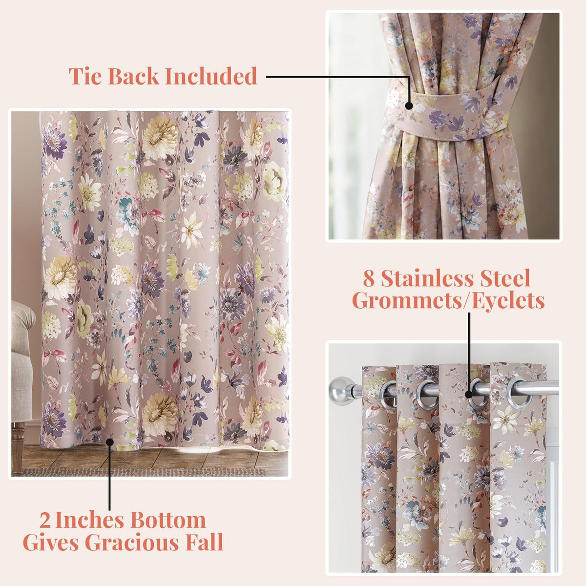HOKIPO Bloomscape Eyelet Curtains, 7 Feet Long - Powder Pink - image 4