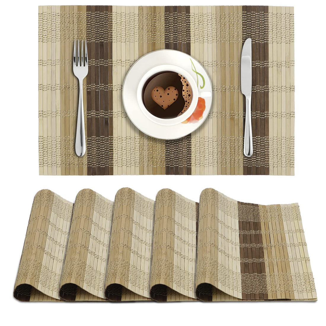 Reversible Bamboo Table Mats For Dining Table, Set Of 6 Placemats, 45X30 Cm, Multicolor