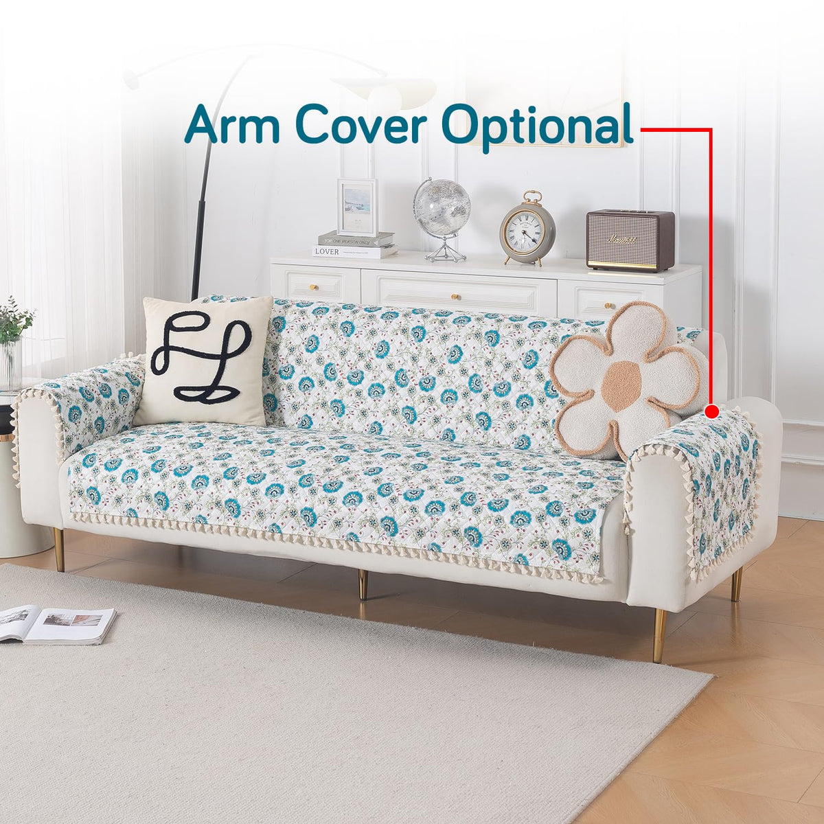 Quilted Sofa Cover 5-Seater Sofa Cover (3+1+1), Tassel Twigs | Cerulean Bloom