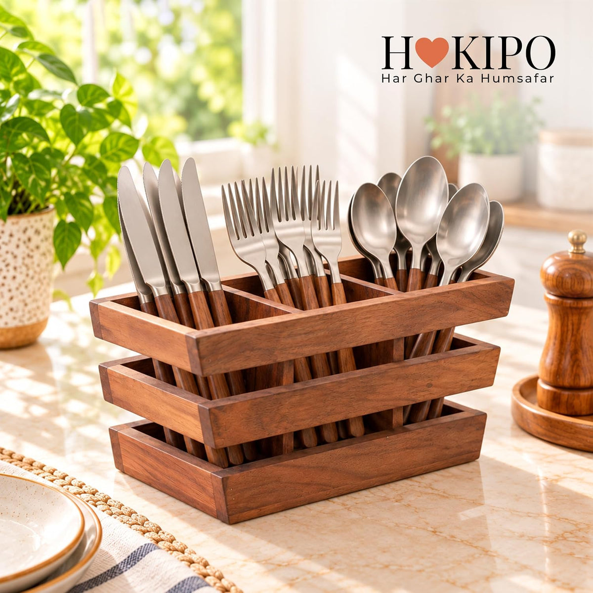 HOKIPO Arbor Acacia Wood Cutlery Holder, 3 Compartment Slatted Spoon Stand - image 8