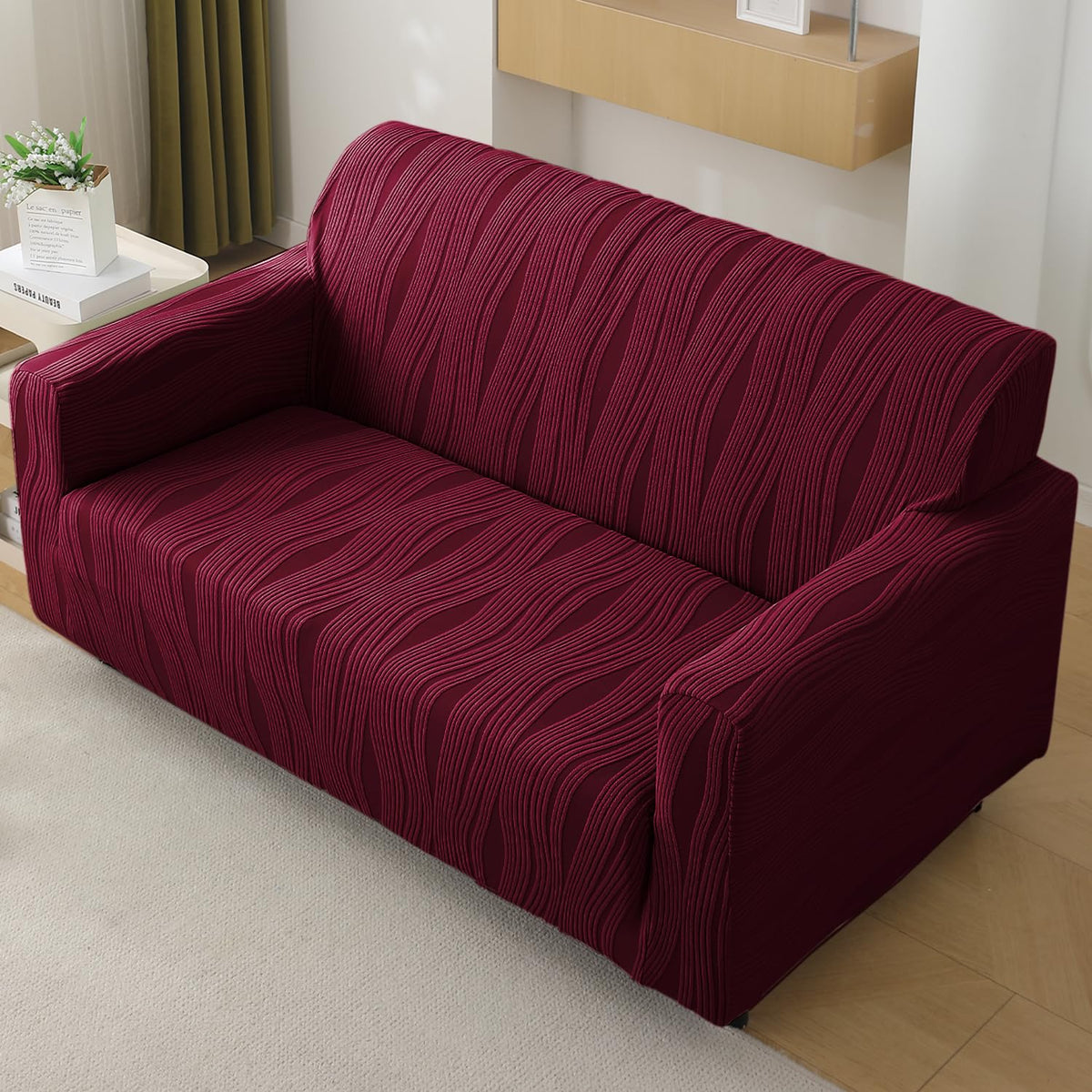 Buy burgundy colour nestiva series knitting jacquard sofa cover - three seater | HOKIPO