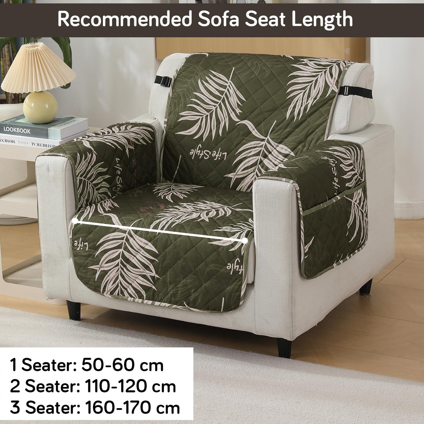 Quilted Waterproof Sofa Cover Mat with Pockets on Armrest Cover - Palm Leaves Olive