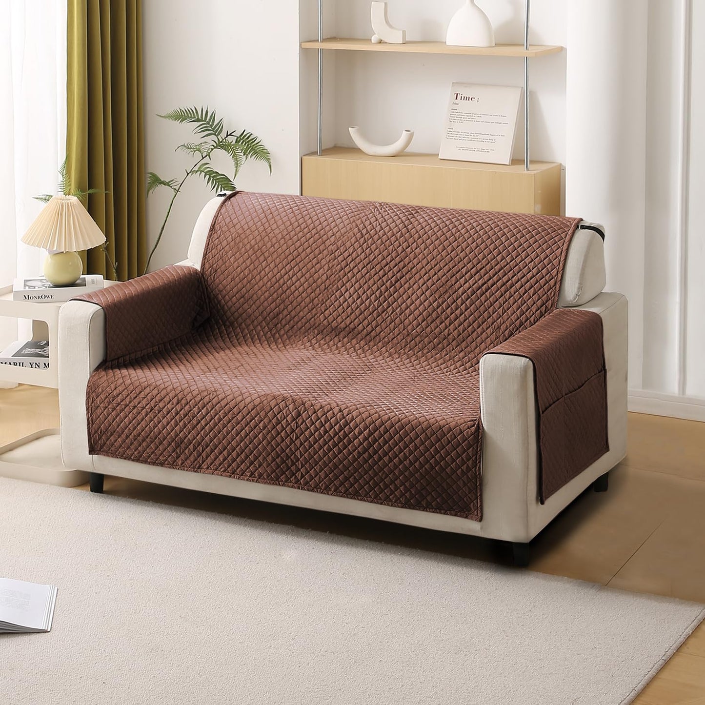 Quilted Velvet Sofa Cover Mat with Side Pockets, Pet Friendly, Russet Brown