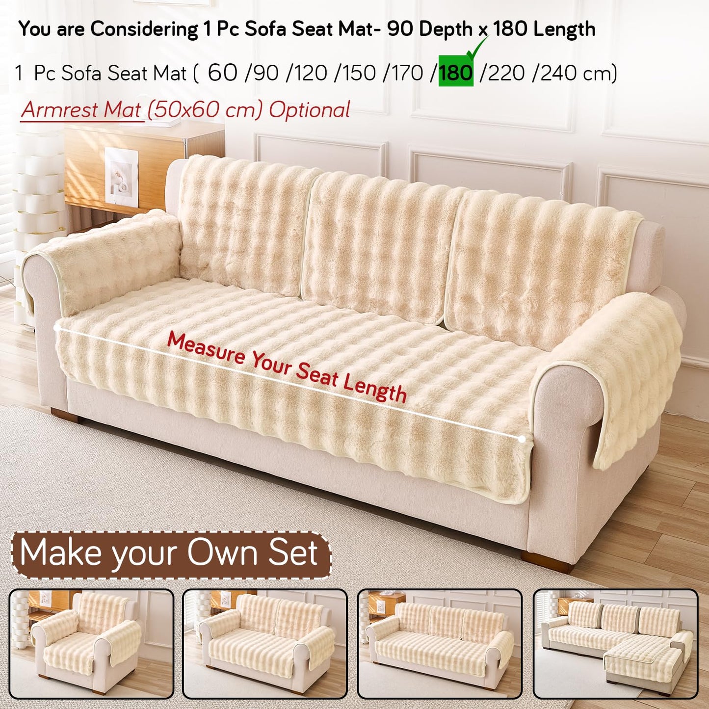 'FurHug' Premium Faux Rabbit Fur Sofa Seat Mats, Beige