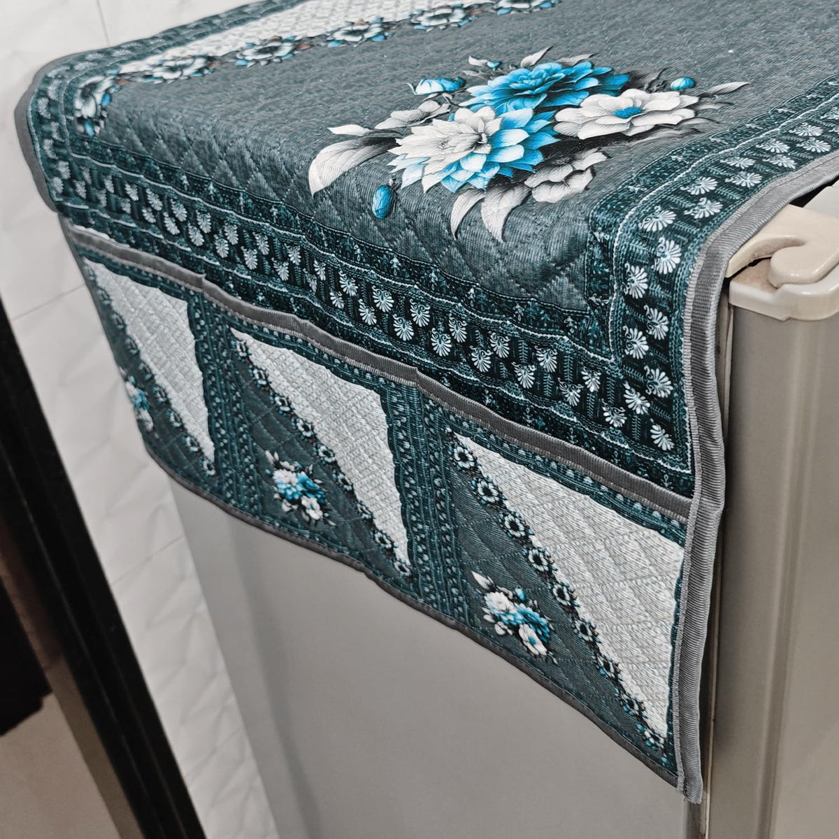 Eternal Floral Printed Quilted Fridge Top Cover with side Pockets - Moonlit Blossom