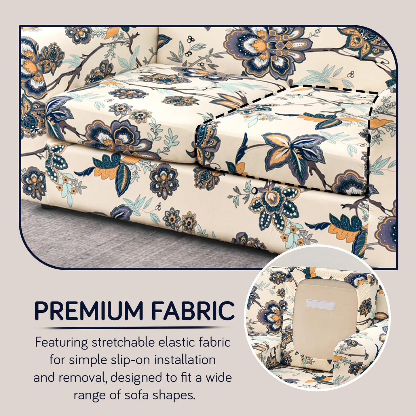 Printed Stretchable Sofa Slipcover with 1/2/3 Pc Separate Seat Cushion Cover for each 1/2/3 Seater, Cream Majestic Flora
