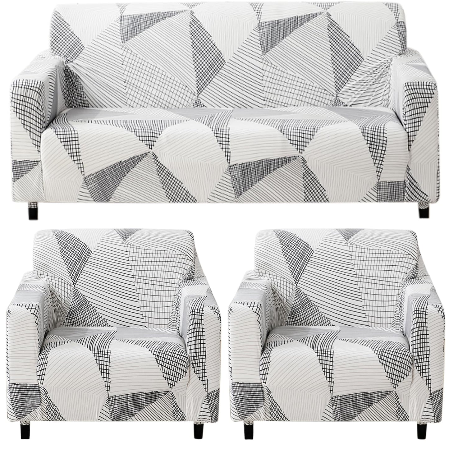 Elastic Stretchable Printed 140gsm Fully Covered Sofa Cover, Snow White Black Geometry