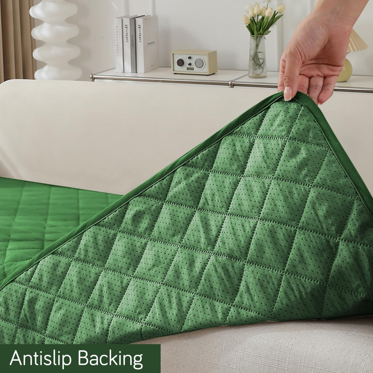 Quilted Waterproof Sofa Seat Mat for 1/2/3 Seater Sofa with 2 Armrest Covers with Pockets, Green