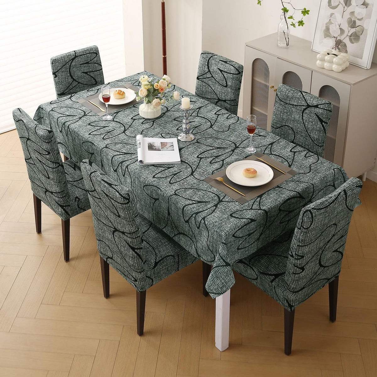 Elastic Dining Chair Covers with Matching Tablecloth, Intense Grey Abstract Floral