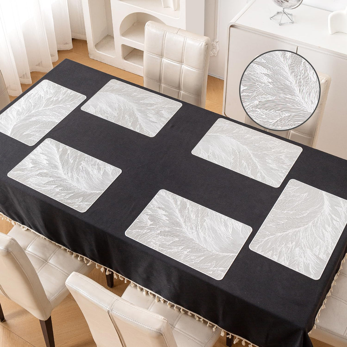 Metallic Glow Shining Mats for Dining Table, Cyad Leaves - Cool Silver