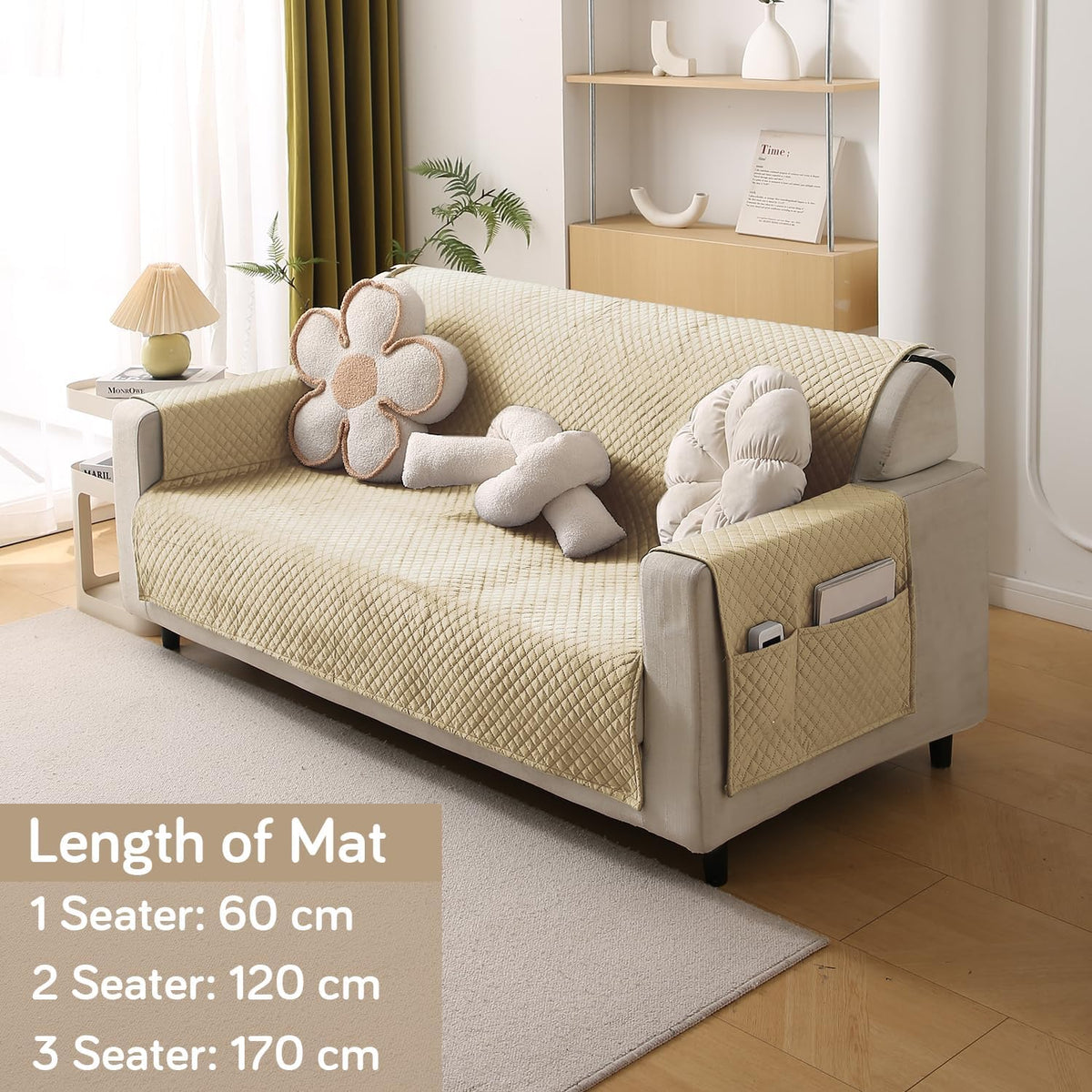Quilted Velvet Sofa Cover Mat with Side Pockets, Pet Friendly, Natural Beige
