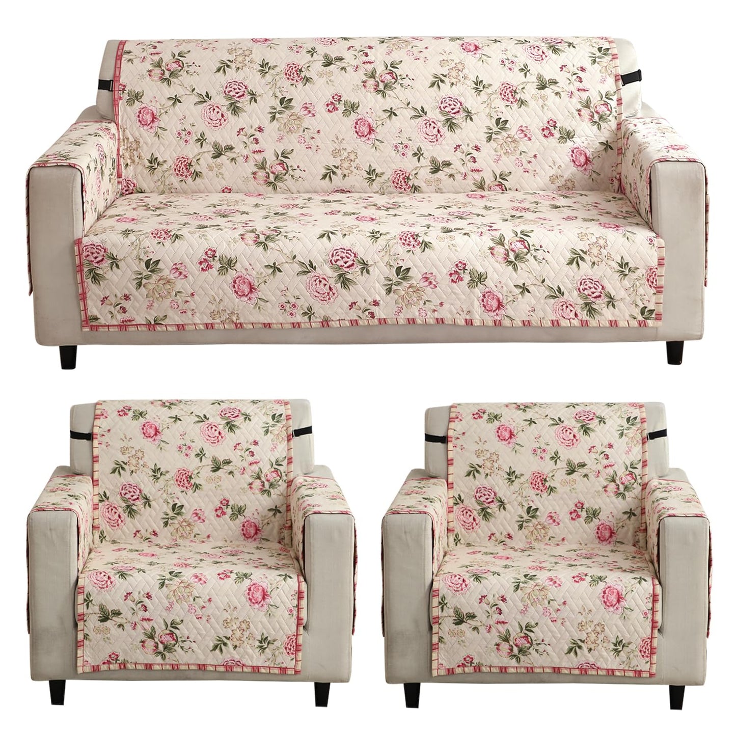 Beige Peonies Printed quilted 3 1 1 seater sofa cover
