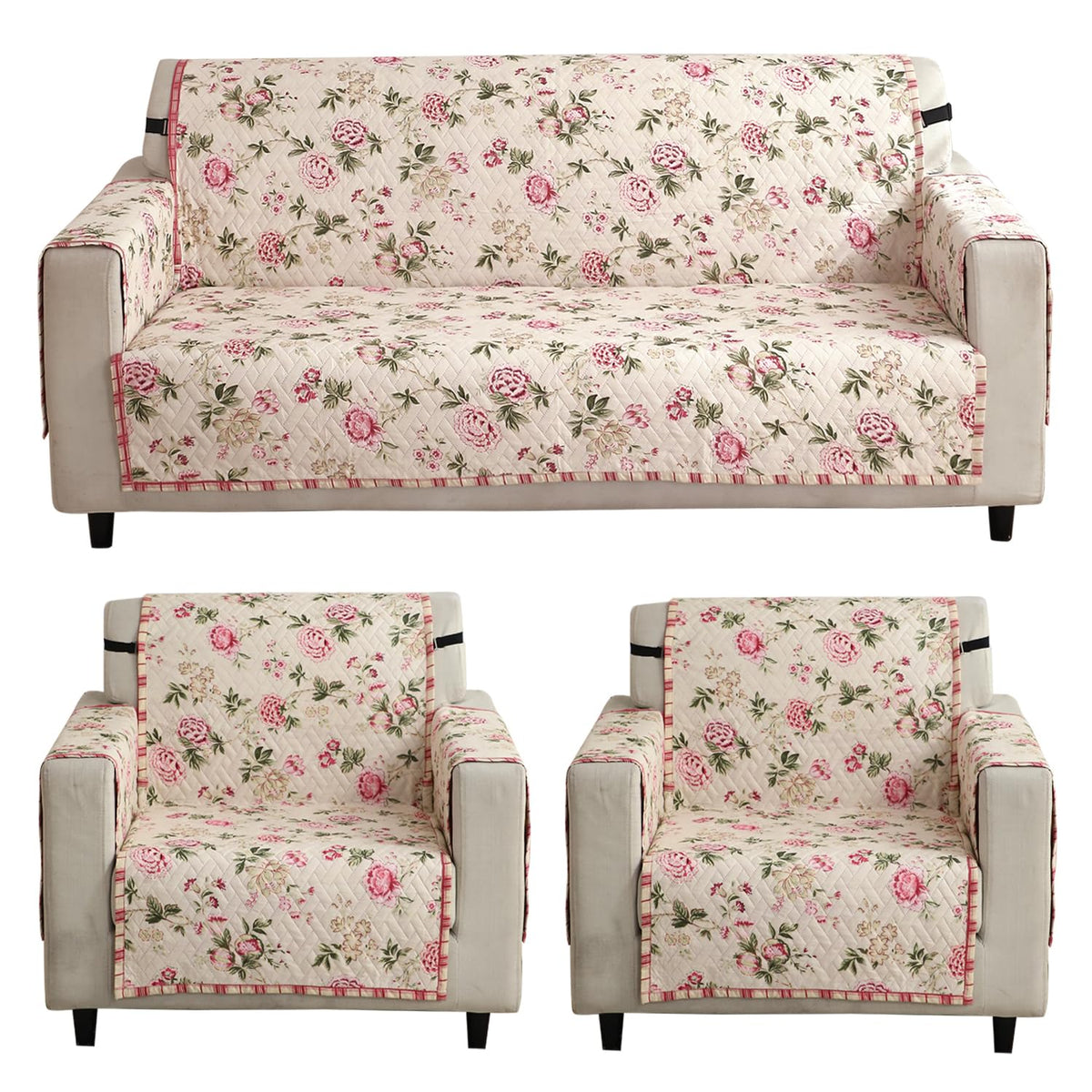 Beige Peonies Printed quilted 3 1 1 seater sofa cover