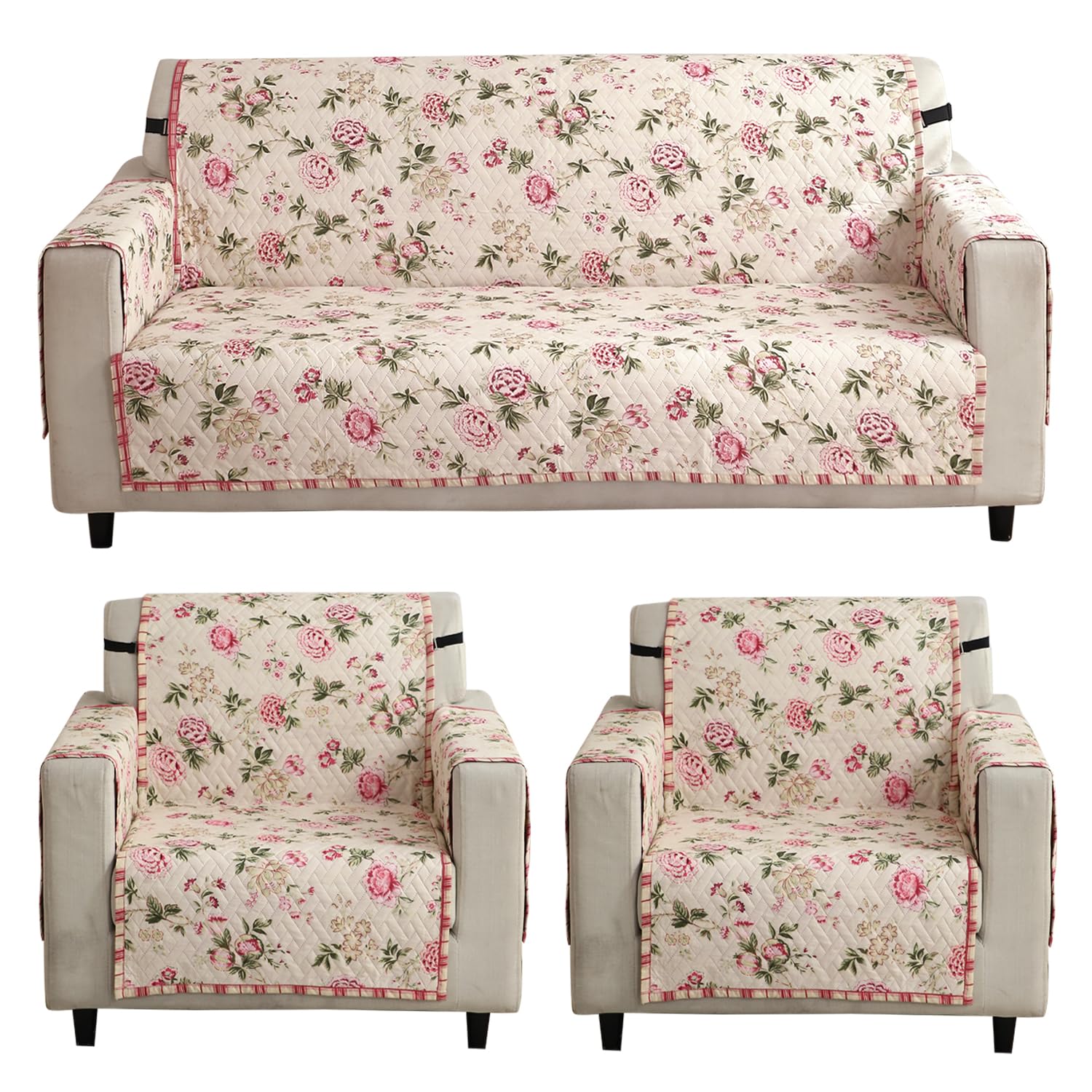 Beige Peonies Printed quilted 3 1 1 seater sofa cover