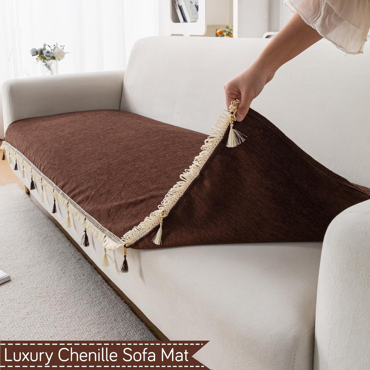 Serenity Tassel Chenille Sofa Cover with Tassel – Chestnut Luxe