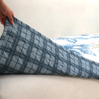 HOKIPO Quilted Sofa Seat Mat for 1/2/3 Seater with 2 Armrest Covers with Pockets, Celadon Blue Camellia