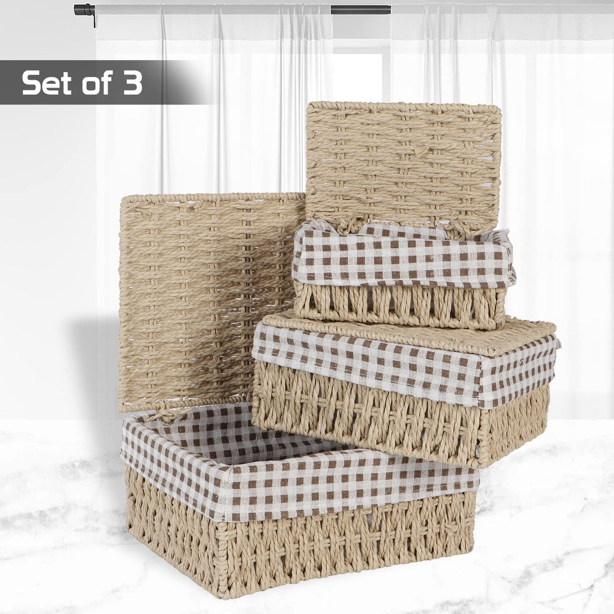 Environmental Friendly Paper Rope Wicker Storage Baskets with lid, Pack of 3, Beige