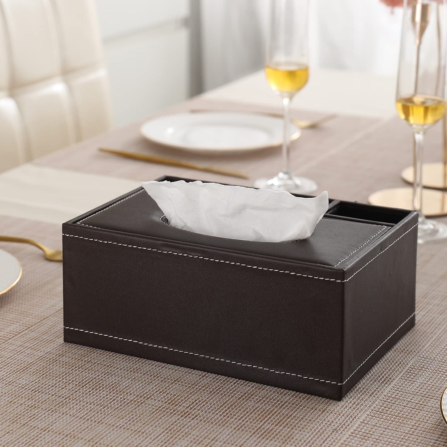 Buy brown faux leather tissue box with slots for desk use | Hokipo