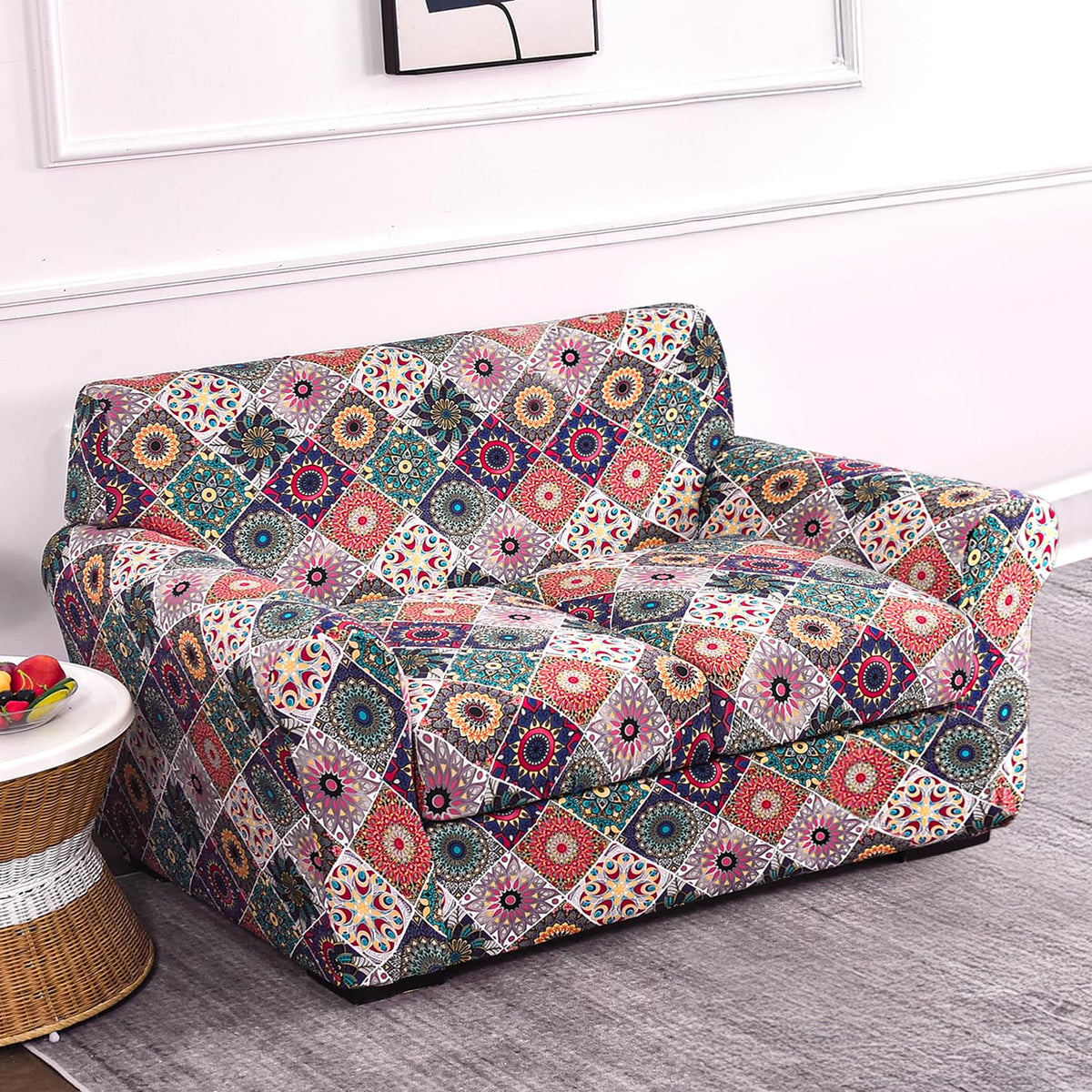 Printed Stretchable Sofa Slipcover with 1/2/3 Pc Separate Seat Cushion Cover for each 1/2/3 Seater, Spectrum Mosaic Magic