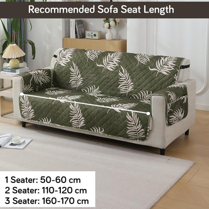Quilted Waterproof Sofa Cover Mat with Pockets on Armrest Cover - Palm Leaves Olive
